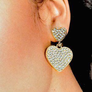 CRYSTAL DOUBLE CORAZON HEART de AMOUR GOLD EARRING
